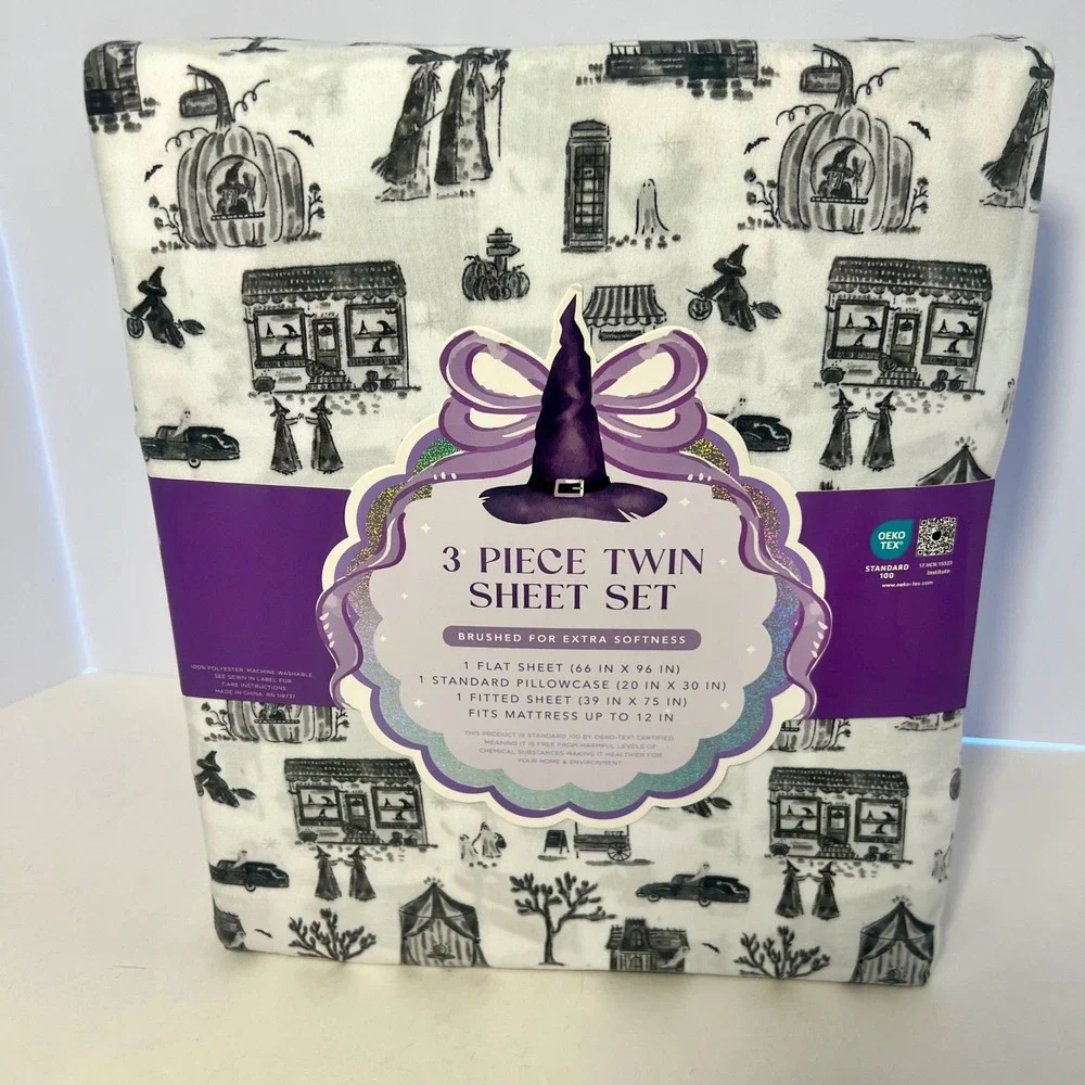 Halloween Witch Ghost Pumpkin Toile 3 Piece Twin Sheet Set Black White Brushed